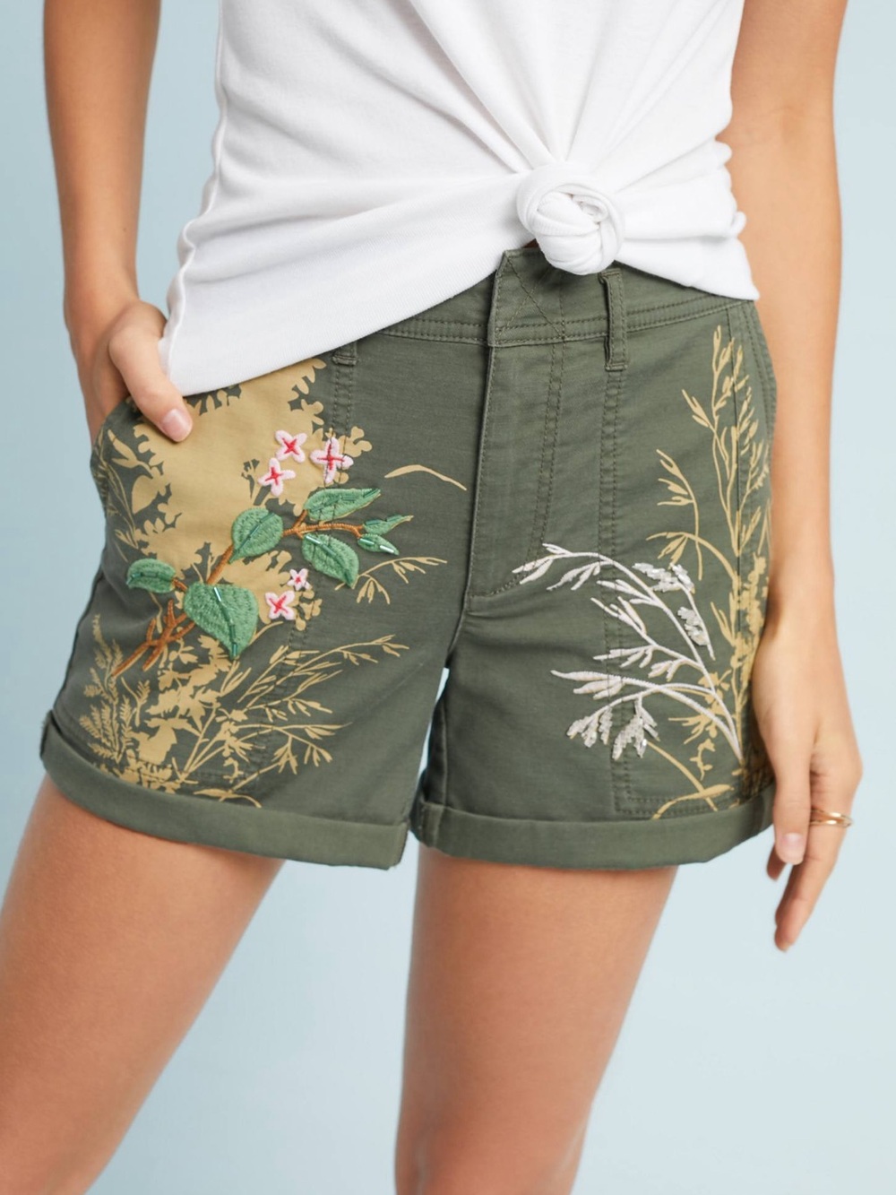 Anthropologie Olive Green Embroidered Botanical Shorts
